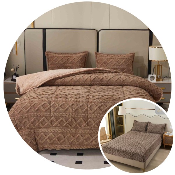 Pachet Promo: Pilota Pufoasa CoCoLiNo, Plus, Husa de Pat cu Elastic, 6 piese, model Tricotat, Maro, PH-009