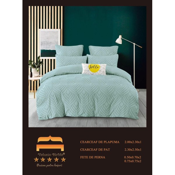 Lenjerie pat dublu, Finet Deluxe cu Smocuri Brodate, 6 piese, Vernil, LSB-005