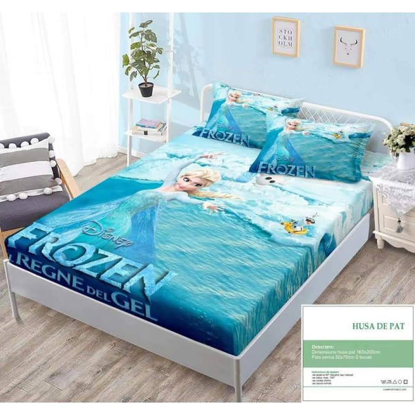 Set Husa de pat cu elastic, Bumbac Finet, 160x200cm, plus 2 fete de perne, Multicolor, Frozen, HPC-023