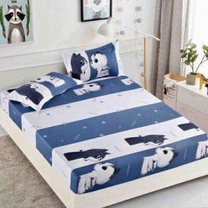 Husa pat cu elastic, Bumbac FINET, 180x200cm, 2 fete de perne 50x70cm, Alb-Bleumarin, pisici, HDF-132