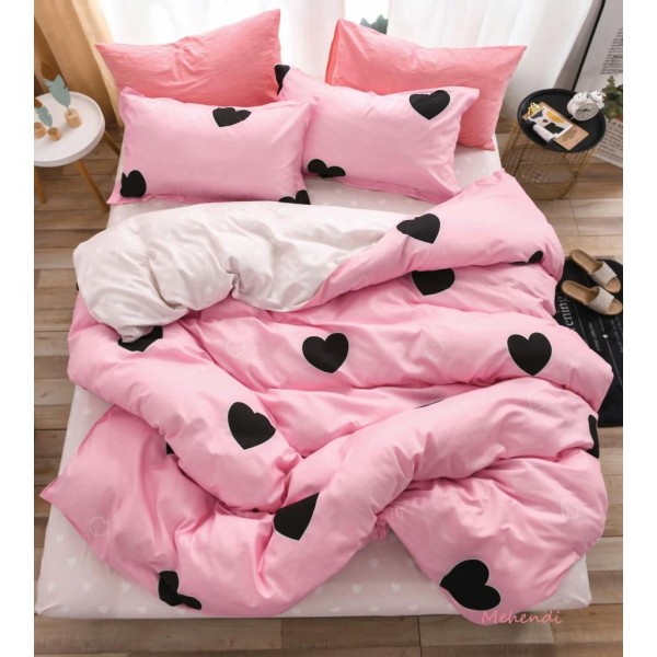 Lenjerie pat dublu, 4 piese, Bumbac Satinat Superior, Roz-Negru, inimi, LDBS-047