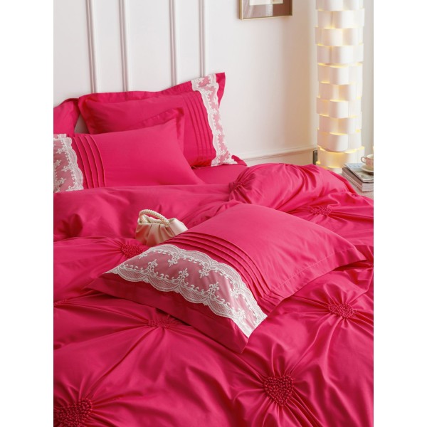 Lenjerie pat dublu finet 6 piese cu pliuri, inimioare și broderie-roz intens, LIB-032
