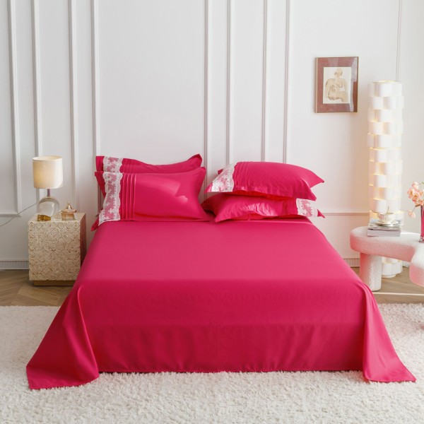 Lenjerie pat dublu finet 6 piese cu pliuri, inimioare și broderie-roz intens, LIB-032