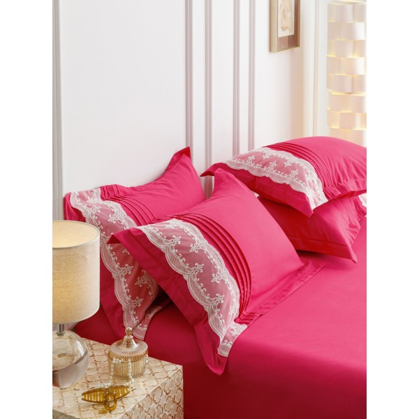 Lenjerie pat dublu finet 6 piese cu pliuri, inimioare și broderie-roz intens, LIB-032