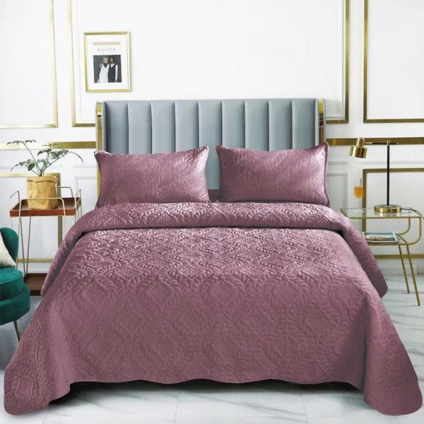 Set Cuvertura de Pat din Catifea, 3 Piese, Pat 2 Persoane, Lila-Inchis, CCV-115
