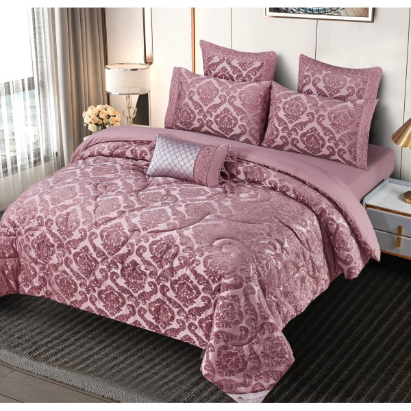 Lenjerie de pat cu elastic si pilota inclusa, bumbac tip jacquard, pat dublu, 7 piese, Roz inchis, PJD-04