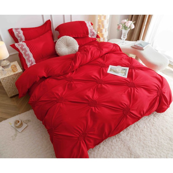 Lenjerie pat dublu finet 6 piese cu pliuri, inimioare și broderie-rosu, LIB-030