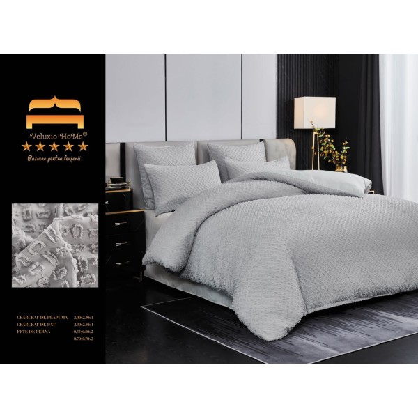 Lenjerie pat dublu, Finet Deluxe cu Smocuri Brodate, 6 piese, Gri, LSB-004