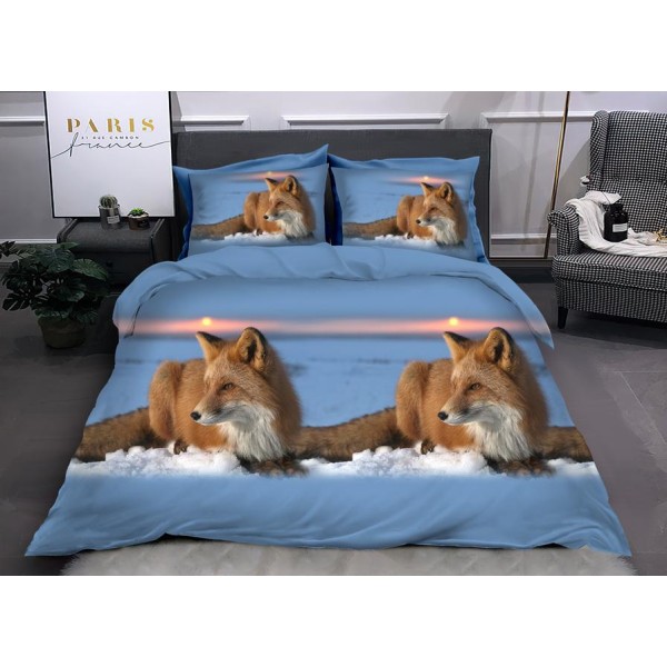 Set Lenjerie de Pat din Bumbac Satinat, 4 Piese, Pat 2 Persoane, Imprimeu 3D Identic cu Poza, Bleu-Maro, animale, LSD-027