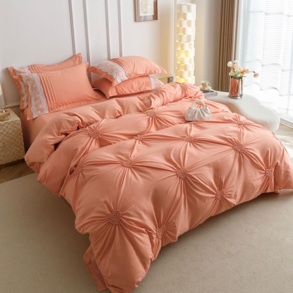 Lenjerie pat dublu finet 6 piese cu pliuri, inimioare și broderie-somon, LIB-033