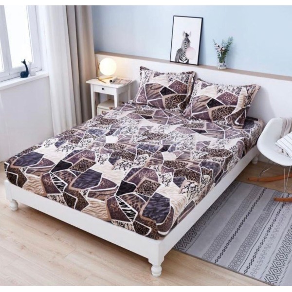 Cearșaf Cocolino cu Elastic 180x200 cm + 2 Fețe de Pernă – Model piatra sparta Animal Print, Maro-Bej, HC-077
