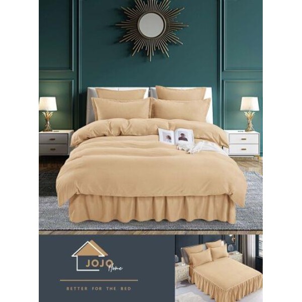 Lenjerie pat dublu, BUMBAC FINET, 6 piese, cu volanase, Jojo, Bej, LVU-014