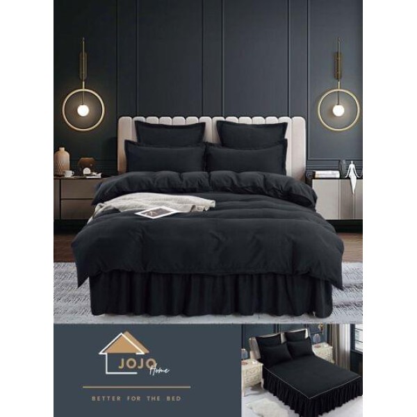 Lenjerie pat dublu, BUMBAC FINET, 6 piese, cu volanase, Jojo, Negru, LVU-003