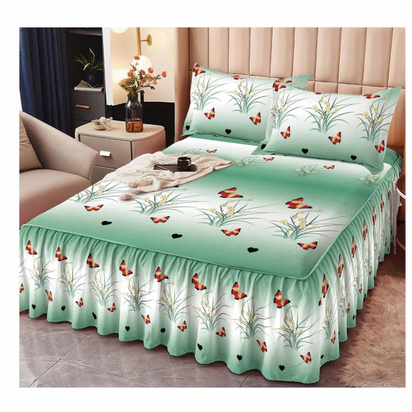 Cearsaf cu volanase, Bumbac FINET, plus  2 fete de perne 50x70cm, Alb-Verde, fluturi, LDBS-096