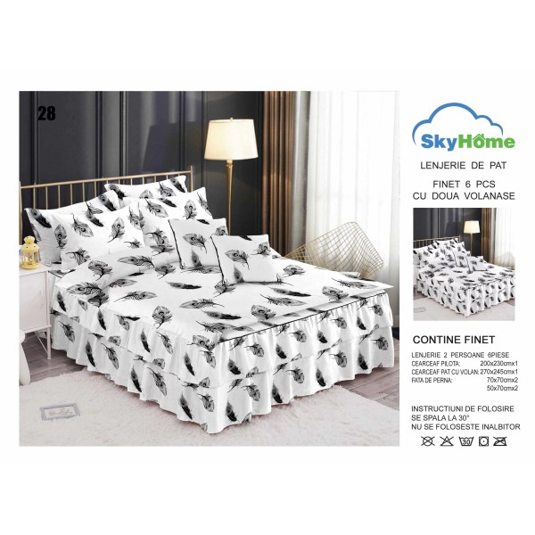 Lenjerie pat dublu, BUMBAC FINET, 6 piese, cu VOLANASE, Alb, pene paun, LDV-022