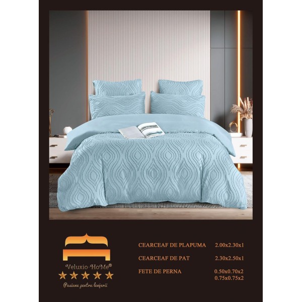 Lenjerie pat dublu, Finet Deluxe cu Smocuri Brodate, 6 piese, Blue, LSB-003