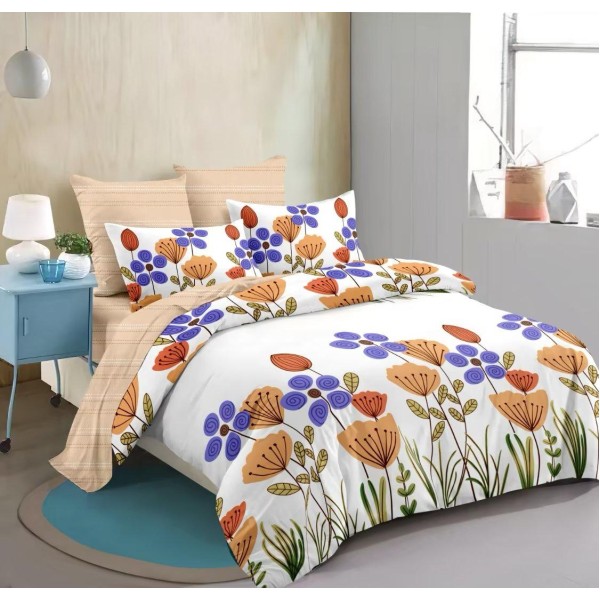 Lenjerie pat dublu, 4 piese, Bumbac Satinat Superior, Alb-Multicolor, flori, OLBS-009