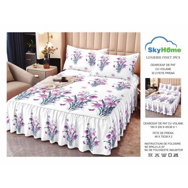 Cearsaf cu volanase, Bumbac FINET, plus  2 fete de perne 50x70cm, Alb-Mov, flori, LDBS-177