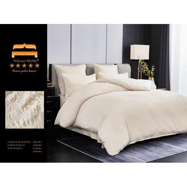 Lenjerie pat dublu, Finet Deluxe cu Smocuri Brodate, 6 piese, Bej, LSB-001