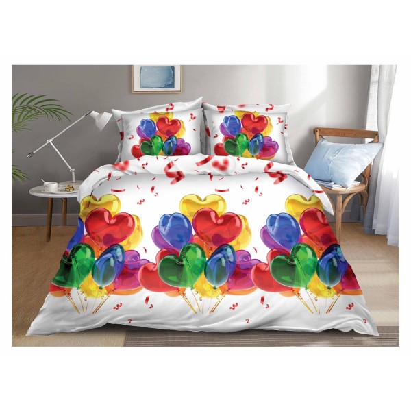 Set Lenjerie de Pat din Bumbac Satinat, 4 Piese, Pat 2 Persoane, Imprimeu 3D Identic cu Poza, Alb-Rosu, inimi, LSD-018