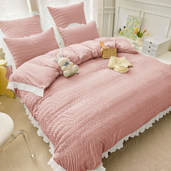 Lenjerie Bumbac Creponat, 6 Piese, Pat 2 Persoane, Roz-Pudra, LFC-003