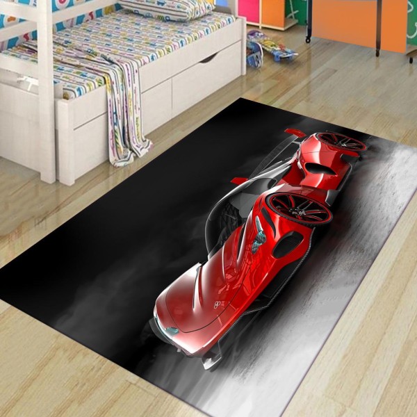 Covor Camera Copii, Antiderapant, Model cu Rosu/Negru, Masina, 80x150 cm, CAM-063