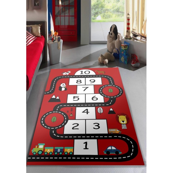 Covor Camera Copii, Antiderapant, Model cu Sotron, Si Pista Masini,Rosu/Negru/Alb, 80x150 cm, CAM-046