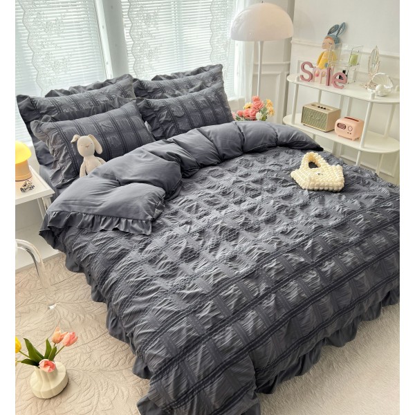 Lenjerie de Pat Creponata, Bumbac, 2 Persoane, 6 Piese, Gri,inchis, LFC-002
