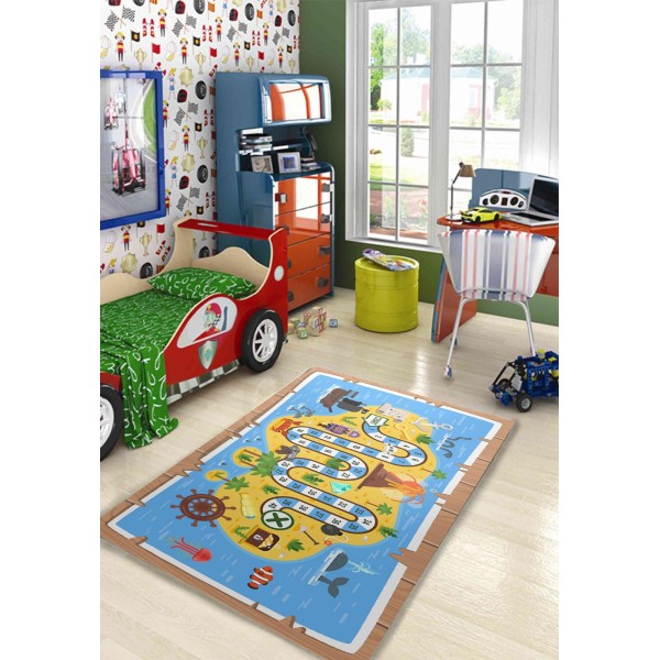Covor Camera Copii, Antiderapant, Model cu pesti, Bleu/Galben, CAM-047