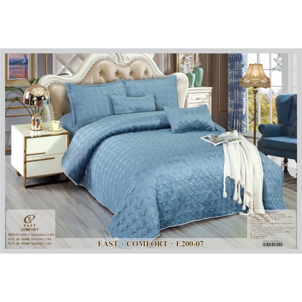 Set Cuvertura si 4 Fete de Perna din Catifea, Matlasata, Albastru, E200-07