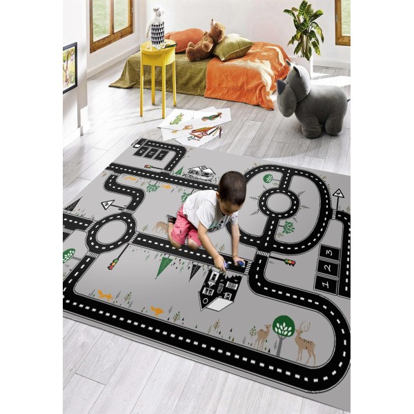 Covor Camera Copii, Antiderapant, Model cu Pista, Negru/Gri, 80x150 cm, CAM-065