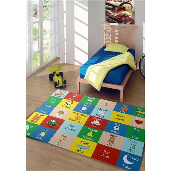 Covor Camera Copii, Antiderapant, Model cu Romana/Engleza, Multicolor, 80x150 cm, CAM-058