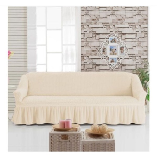 Husa Creponata cu Volan pentru Canapea 3 Locuri, Bej natur, HCV-004