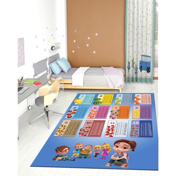 Covor Camera Copii, Antiderapant, Model cu Tabla Inmultirii/Fructe, Multicolor, 80x150 cm, CAM-060