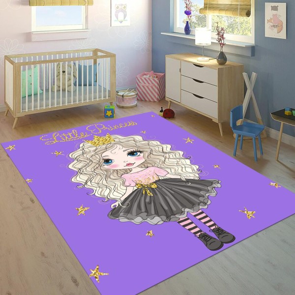 Covor Camera Copii, Antiderapant, Model cu Little Princess,Mov/Gri, CAM-049