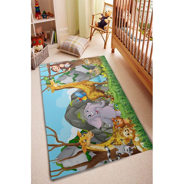 Covor Camera Copii, Antiderapant, Model cu Animale, Portocaliu/Verde, CAM-040