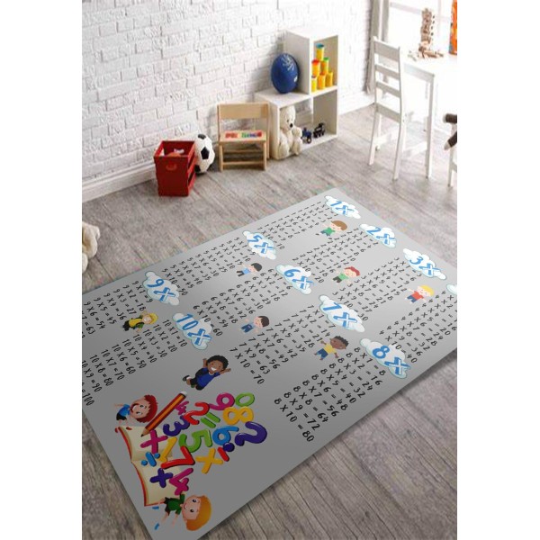 Covor Camera Copii, Antiderapant, Model cu Tabla Inmultirii 1-10, Gri, CAM-039