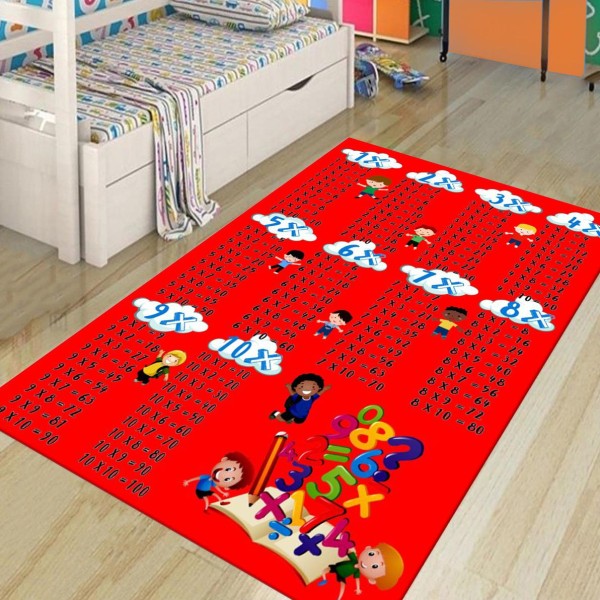 Covor Camera Copii, Antiderapant, Model cu Tabla Inmultirii 1-10, Rosu/Alb, CAM-038
