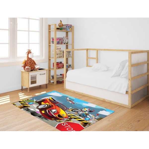 Covor Camera Copii, Antiderapant, Model cu Masinuta, Portocaliu/Rosu, CAM-037