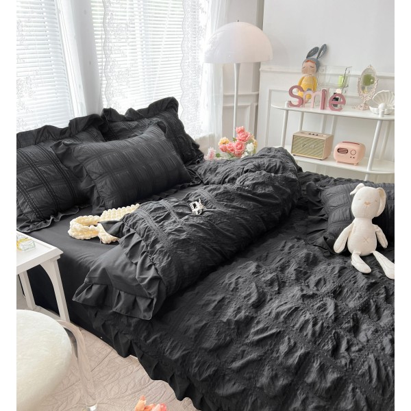 Lenjerie Bumbac Creponat, 6 Piese, Pat 2 Persoane,Gri-inchis, LFC-020