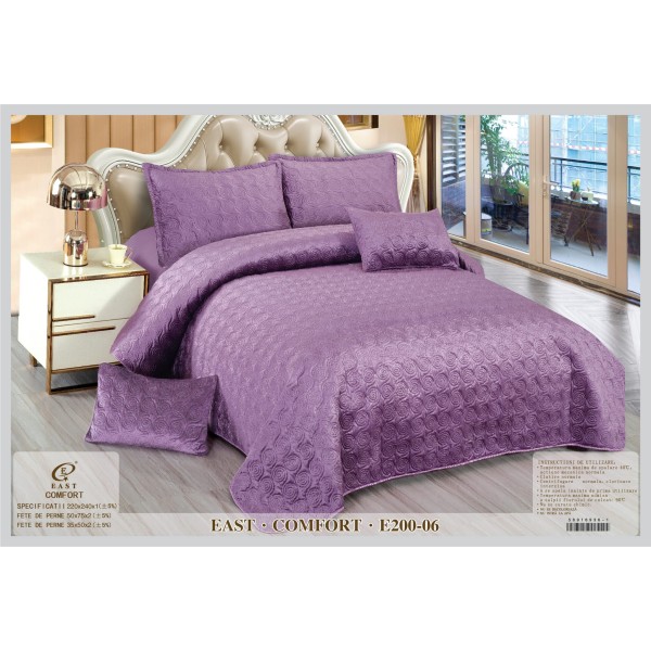 Set Cuvertura si 4 Fete de Perna din Catifea, Matlasata, Mov, E200-06