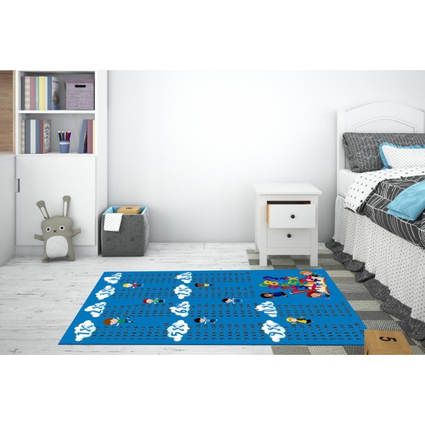 Covor Camera Copii, Antiderapant, Model cuTabla Inmultirii 1-10, Albastru-Multicolor, CAM-036