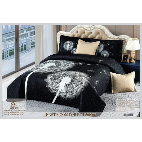 Set Cuvertură Catifea Pat Dublu cu 4 Fețe de Pernă – Model Păpădie Negru cu Alb, Design Elegant, E300-06