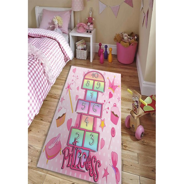 Covor Camera Copii, Antiderapant, Model cu Sotron, Roz-Multicolor, CAM-034