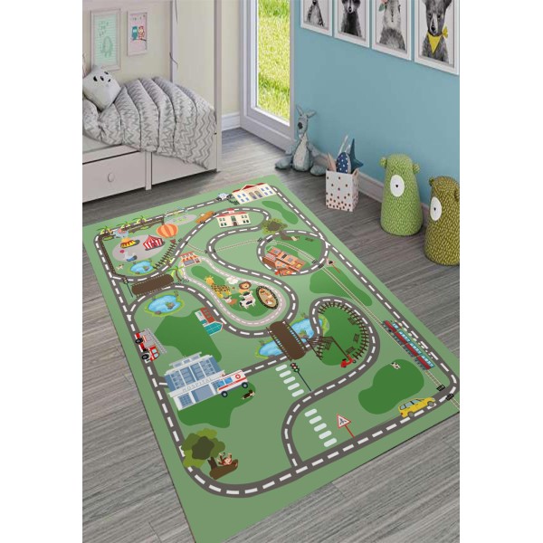 Covor Camera Copii, Antiderapant, Model cu Kolibri Drumulete, Verde-Multicolor, CAM-035