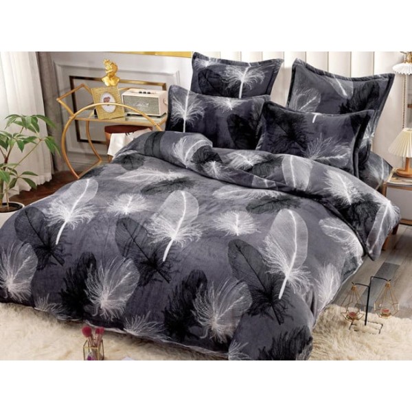 Lenjerie pat dublu, Super Pufoasa COCOLINO, 4 piese, Gri-Alb, pene, LDC-089