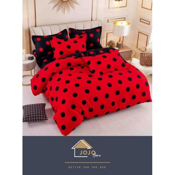 Set Lenjerie de Pat din Finet cu 2 Fete, 6 Piese, Pat 2 Persoane, Rosu-Negru, buline, LDF-005