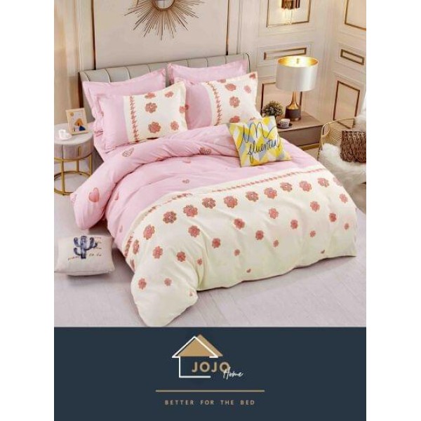 Lenjerie de Pat din Finet, 4 Piese, Pat 1 Persoana, Crem-Roz, floricele, LFS-077