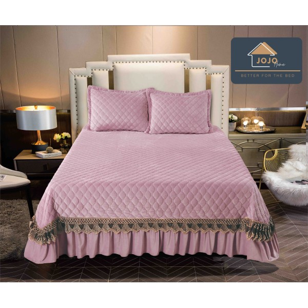 Cuvertura pat dublu, 3 piese, Catifea Matlasata cu Broderie Aurie, 250x270cm, Lila, CCB-016