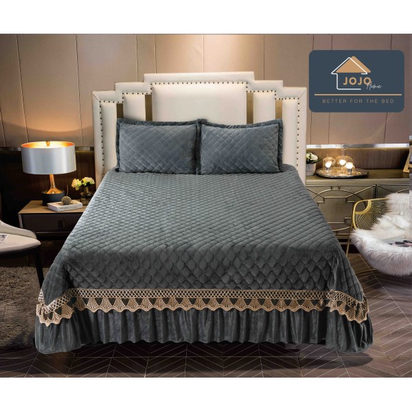 Cuvertura pat dublu, 3 piese, Catifea Matlasata cu Broderie Aurie, 250x270cm, Gri inchis , CCB-018